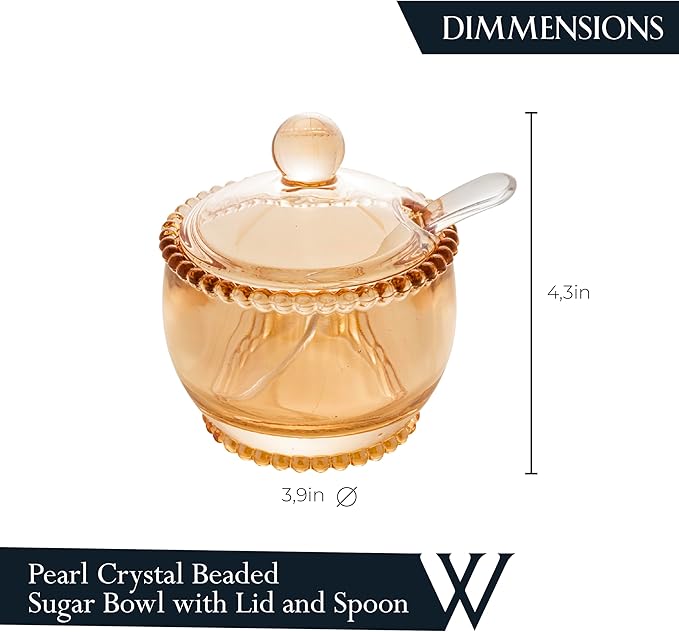 WOLFF - Pearl Crystal Beaded Sugar Bowl with Lid and Spoon - Sugar Holder, Dish for Candy Dispenser, Salt, Condiments and Spices, Jelly Jar (Amber, Sugar Bowl)