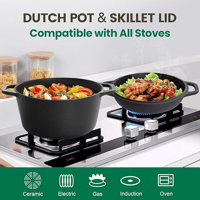 Chef Power 2-in-1 Cast Iron Dutch Oven with Skillet Lid, 5QT Camping Dutch Oven Pot with Lid for Bread, Frying, Baking, Roasting, Cooking, BBQ – Versatile Cast Iron Cookware
