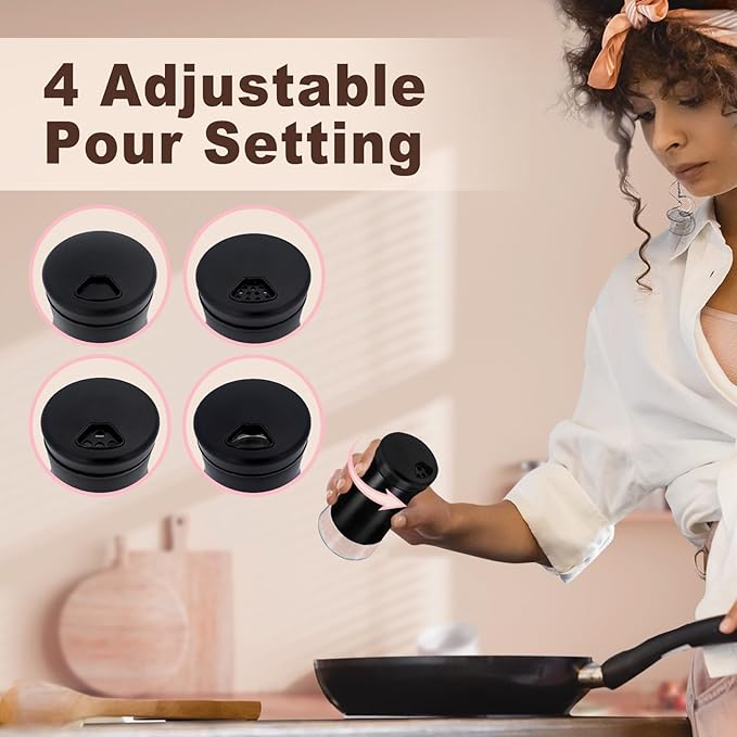 Black Salt and Pepper Shakers with Adjustable Pour Holes, Farmhouse Glass Salt Shaker with Stainless Steel Lids, Refillable Shaker by Aelga, Ideal for Himalayan, Kosher and Black Pepper