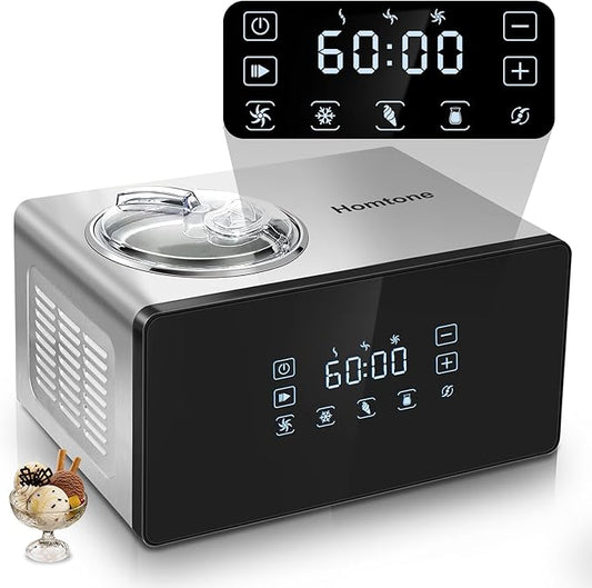 Homtone Ice Cream Maker Fully Automatic with Compressor, 4 Modes, Adjustable softness, Adjusted Speed 1.6 Quart Ice Cream + Yogurt Maker, LCD Touch Screen Homemade Soft & Hard Ice Cream Machine