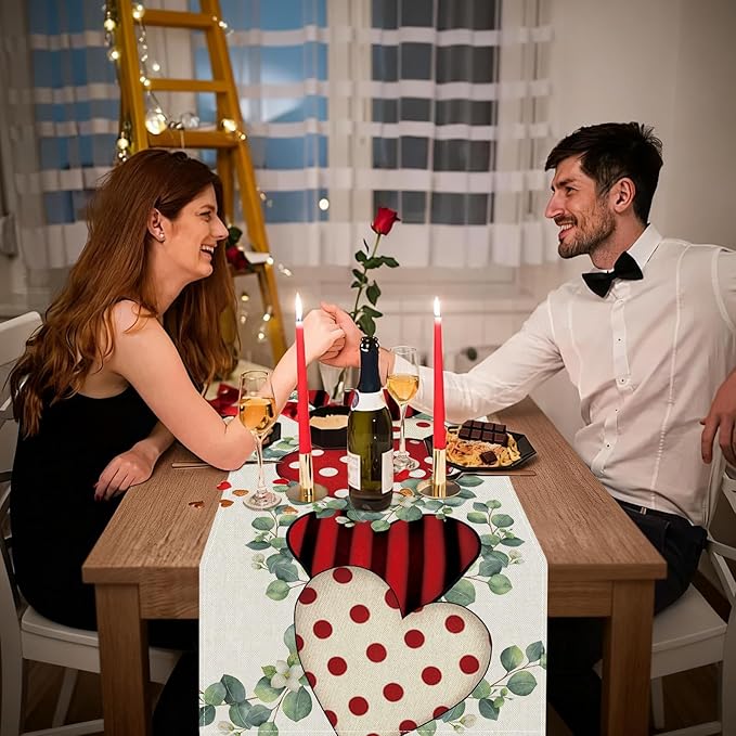 Valentines Day Table Runner 13x90 Inch, Eucalyptus Hearts Valentine Table Runner, Anniversary Home Kitchen Dining Table Holiday Party Decorations