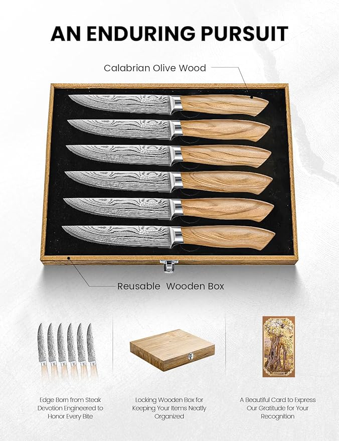 Emojoy Steak Knives Set of 6, 4.5 Inches Serrated Steak Knife Set, German Stainless Steel Kitchen Steak Knives with Original Olive Wood Handle and Wooden Gift Box