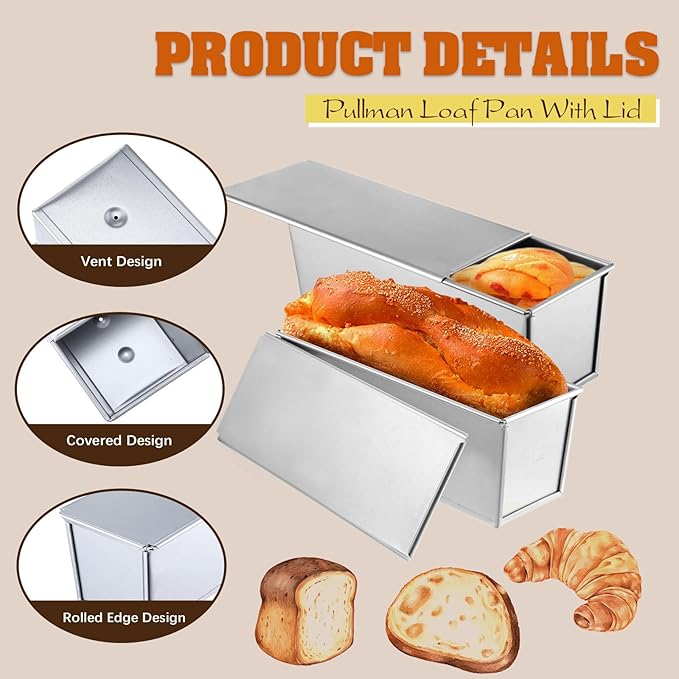2 Pack Pullman Loaf Pan with Lid, 13x4 Inch Large Capacity Bread Loaf Pan with Cover, Non-Stick Bakeware for Baking and Toasting