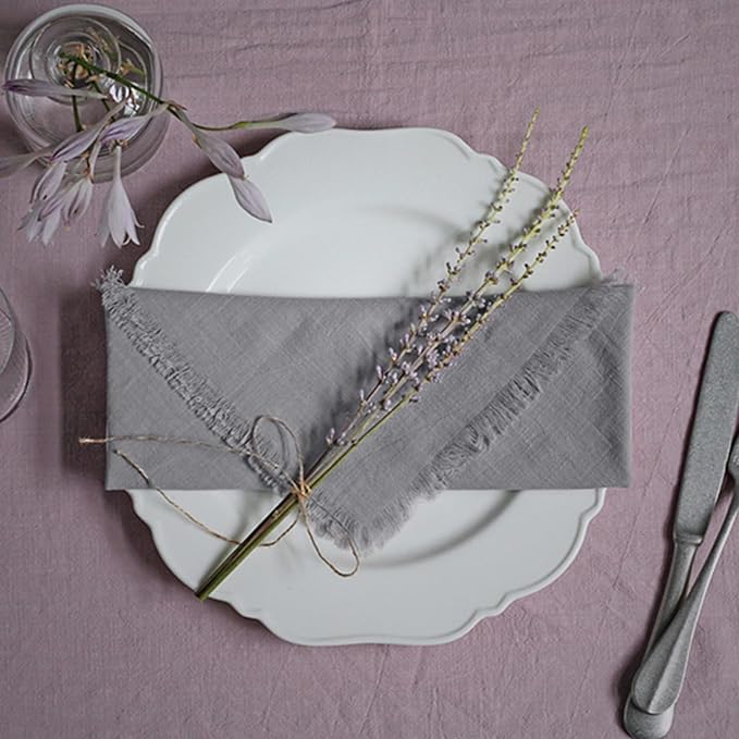 Handmade Cloth Napkins 100% Cotton Napkins with Fringe，Delicate Handmade Cloth Napkins for Dinners, Parties, Weddings and More，18 x 18 Inch Set of 6 - Grey