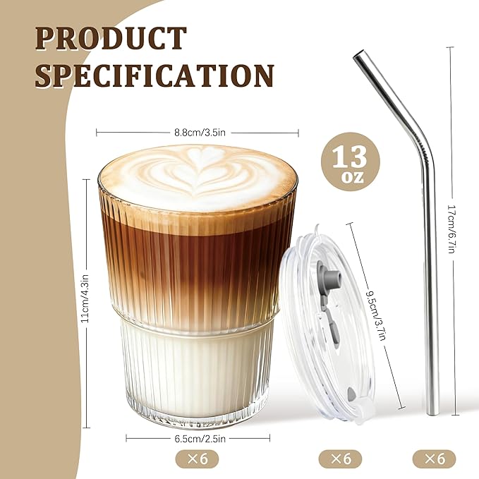6 Packs Ribbed Glass Tumbler with Lid and Straw Ice Coffee Cup Employee Christmas Appreciation Gift Idea Bulk Team Boss End Year Work Office Staff Coworker Team Group Colleague Teamwork Thank You