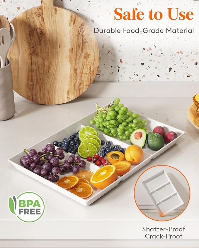 Lifewit Serving Tray Divided for Party Supplies, 8 PCS 15" x 10" Plastic Platters for Serving Food, White Reusable Tray for Veggie, Snack, Fruit, Cookies, Desserts in Kitchen/Pantry