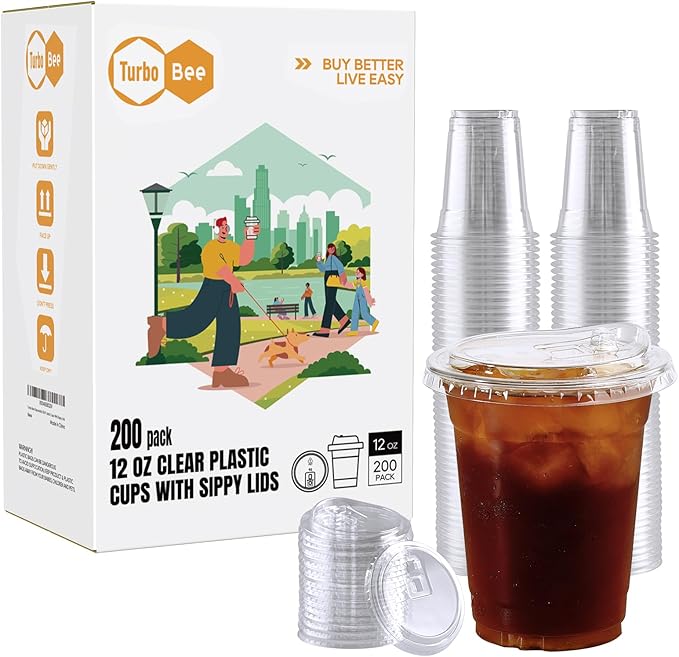 Turbo Bee 12 OZ 200 Sets Clear Plastic Cups with Strawless Sip Lids, To Go Crystal Clear Disposable Plastic Cups with Lids for Iced Coffee, Smoothies, Soda, Lemonade, Cold Beverage