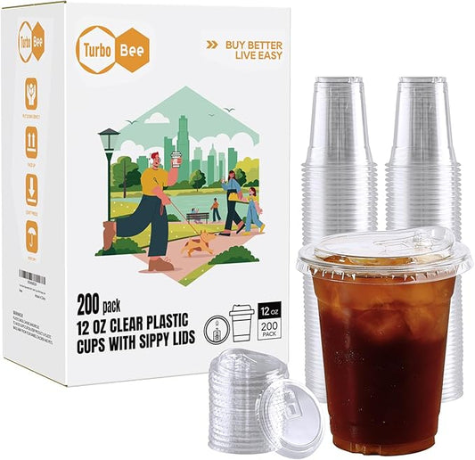 Turbo Bee 12 OZ 200 Sets Clear Plastic Cups with Strawless Sip Lids, To Go Crystal Clear Disposable Plastic Cups with Lids for Iced Coffee, Smoothies, Soda, Lemonade, Cold Beverage