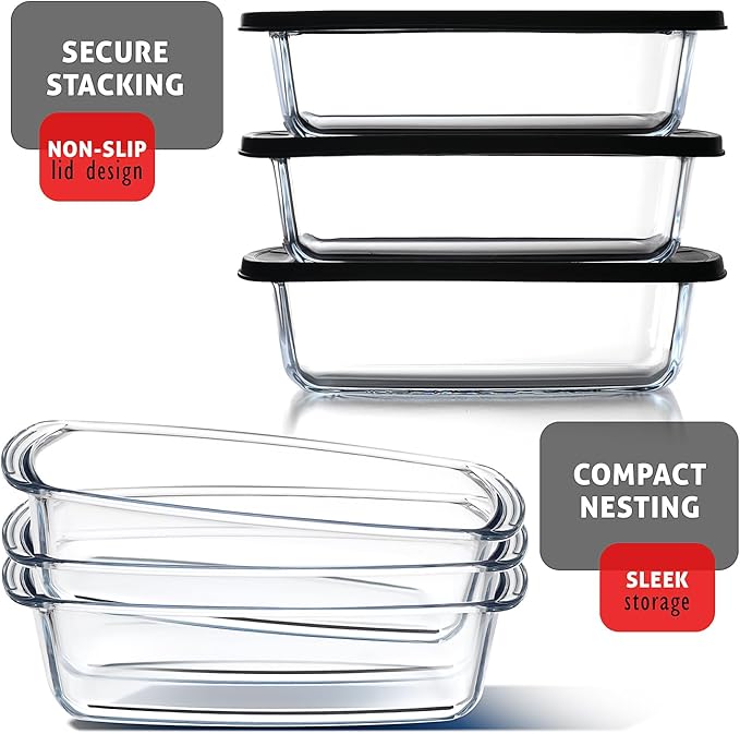 EATEX Glass Bread Pans for Homemade Bread Baking, 1.9 Quart Deep Rectangular Glass Food Storage Containers with Lids, 3 Bread Loaf Pans 3 Airtight Lids Black BPA Free Microwave Oven & Freezer Safe