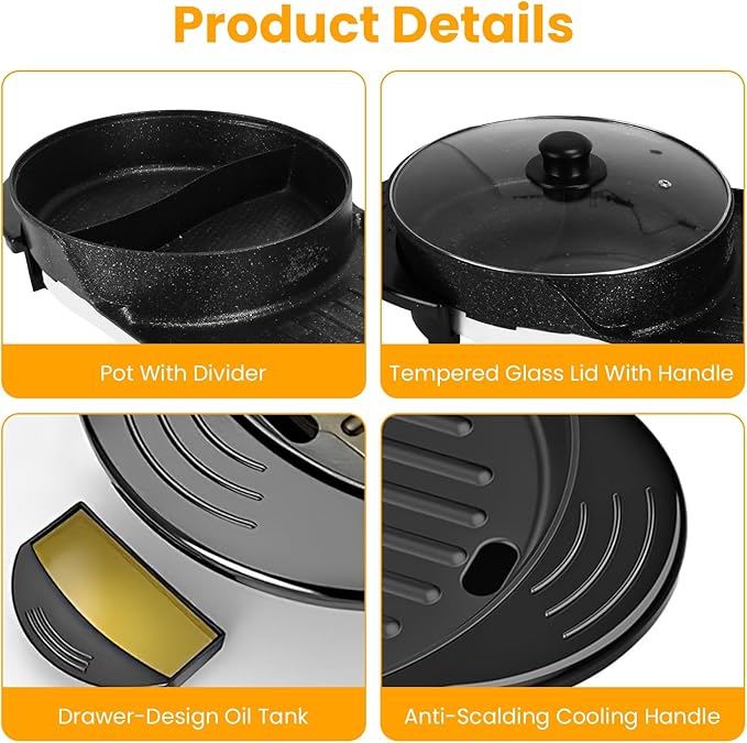 iMounTEK Electric Hot Pot with Grill, 2 IN 1 Hot Pot with BBQ Grill Cooker Smokeless Non-Stick Korean BBQ Grill Shabu Hot Pot with Independent Temperature Control Firepower For 10 People Party Camping