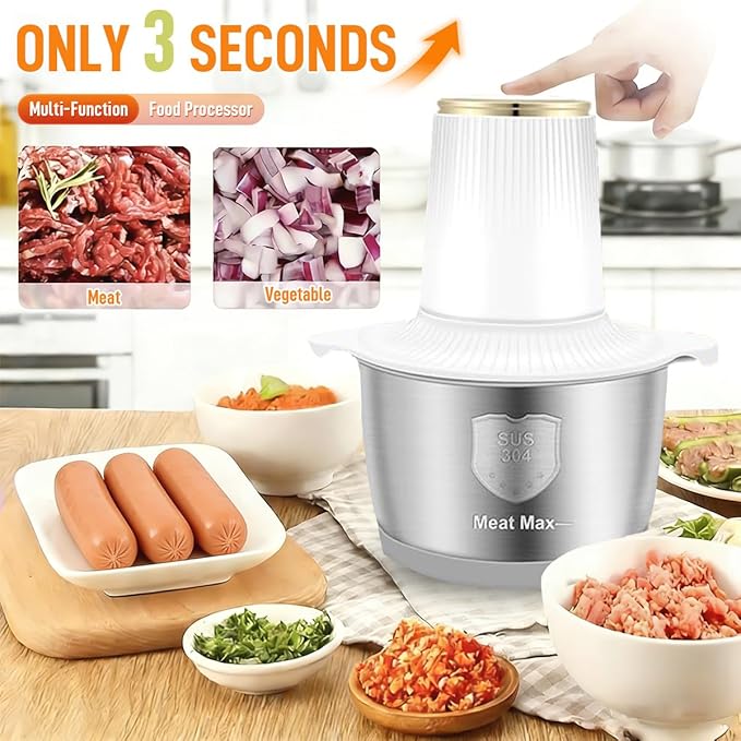 Food Processor, 2 Speed Meat Grinder Electric Food Chopper with 2 Bi-Level Blades Mini Kitchen Cutter for Vegetable, Onion, Garlic, Meat, Nuts, and Baby Food (White-2L)