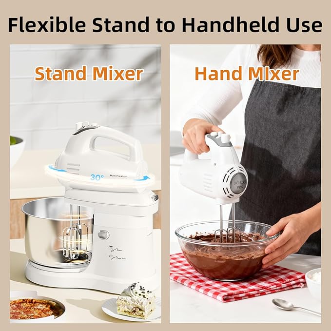Stand Mixer Hand Mixer Kitchen Electric - 2-IN-1 3.2 QT Auto-Rotating Bowl & Beater Tilt-Head Small Standing Mixer, 250 Watt 5-Speed with Turbo Boost Household Mixer with Beaters & Dough Hooks