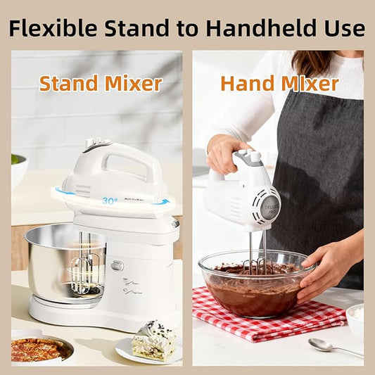 Stand Mixer Hand Mixer Kitchen Electric - 2-IN-1 3.2 QT Auto-Rotating Bowl & Beater Tilt-Head Small Standing Mixer, 250 Watt 5-Speed with Turbo Boost Household Mixer with Beaters & Dough Hooks