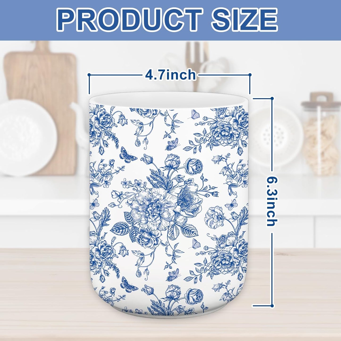 JarThenaAMCS Chinoiserie Floral Ceramic Utensil Holder Blue Flower Butterfly Utensil Crock for Home Kitchen Countertop Storage Organizer Container