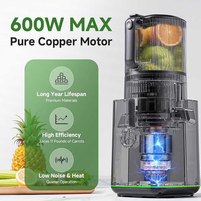VANDISELL Cold Press Juicer, 6.5" Extra Wide Feed Chute, 3-in-1(Juice & Sorbet & Nut Milk) Juicer Machines with 600W Max Motor & 85oz Large Capacity, Auto-Precut, High Juice Yield