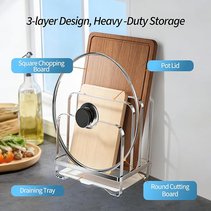 Stainless Steel Cutting Board Organizer Rack with Draining Tray, 3 Slots Kitchen Countertop Holder for Pot Lids, Heavy Duty Anti-Slip Stand for Thick & Thin Boards, Rustproof Storage