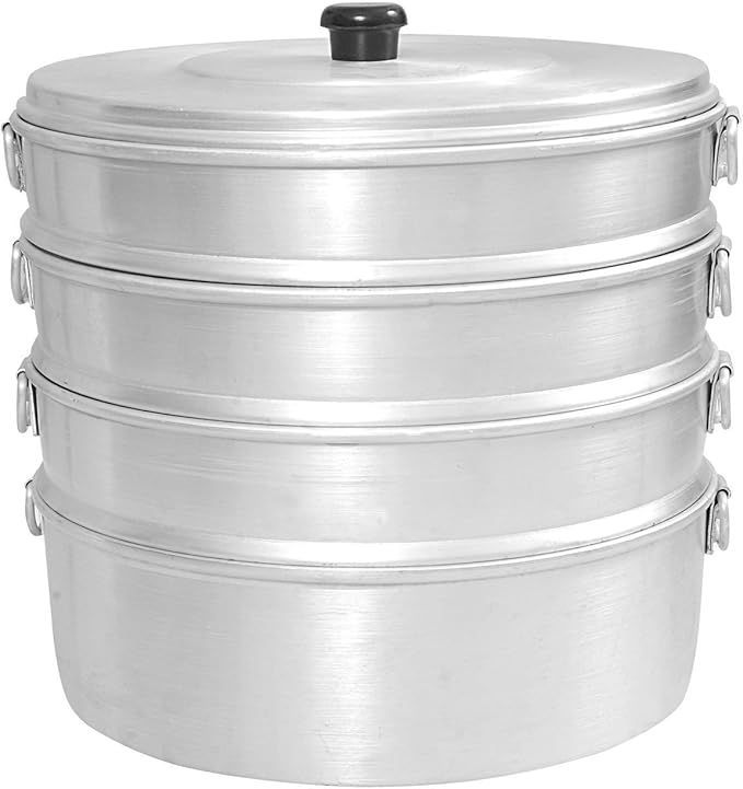 TABAKH 8" Aluminum Momos Steamer, 2.3L Capacity, Steam Pot Cookware with Lid, 4-Tier Multipurpose Cooking Vegetables, Silver