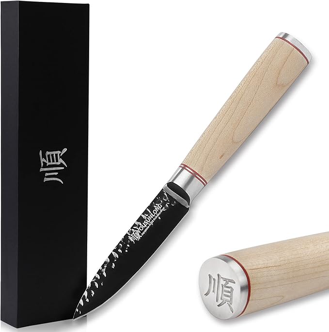 YOUSUNLONG Paring Knife - 3.5" Peeling Knife Razor Sharp - Japanese HRC Steel AUS8 Black Titanium Coating - Natural Canadian Maple Wood Handle