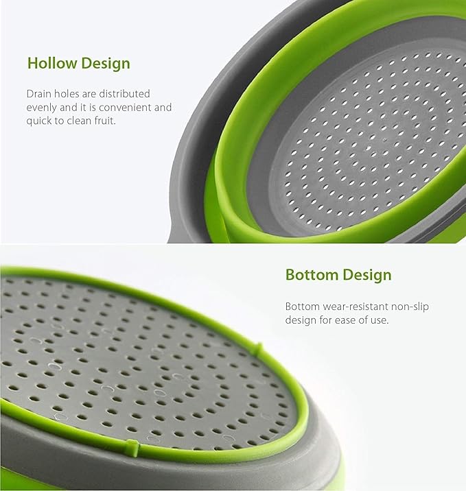 2 Pack Kitchen Foldable Silicone Strainer Colanders, Collapsible Colanders with Handles, Space-Saver Folding Strainer Colander for Draining Pasta, Vegetable (Green and Red)