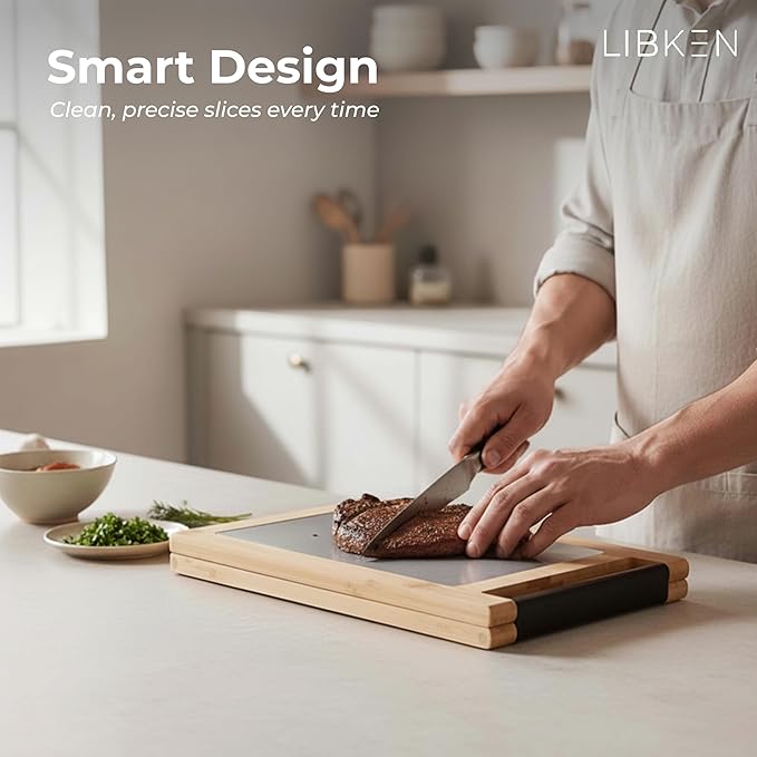 Multifunctional Bamboo Cutting Board – Minimal Scandinavian Design, 5-in-1 Foldable Kitchen Chopping Board with Stainless Steel Inlet & Grooves for Bread, Vegetables, Meat, and Fish