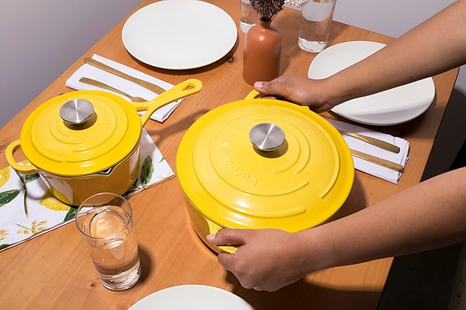 Larder & Vine 4-Piece Enameled Cast Iron Set, Oven Safe and Suitable for All Cooktops – includes 5.7 Quart Dutch Oven Pot with Lid and 2.2 Quart Saucepan with Lid (Limoncello)