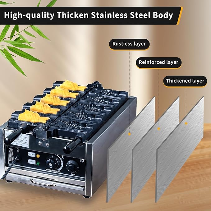 Taiyaki Fish Waffle Maker 110V/Commercial Use Jam or Ice Cream Waffle Maker/Stainless Steel 5 Big Open-Mouth Fish Non-Stick Teflon Coating Taiyaki Maker/50-300℃/122-572℉ Adjustable