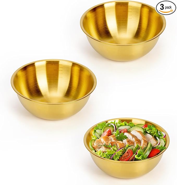 fecoqi 3-Piece Stainless Steel Golden Mixing Bowls (6.3") Metal Bowl with Measurement Marks, Dishwasher Safe & Stackable - Perfect for Baking, Salad Making, Meal Prep