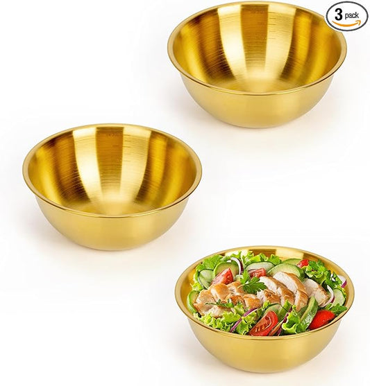 fecoqi 3-Piece Stainless Steel Golden Mixing Bowls (6.3") Metal Bowl with Measurement Marks, Dishwasher Safe & Stackable - Perfect for Baking, Salad Making, Meal Prep
