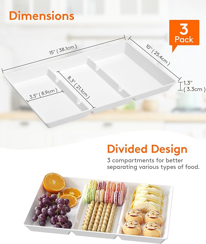 Lifewit Serving Tray Divided for Party Supplies, 8 PCS 15" x 10" Plastic Platters for Serving Food, White Reusable Tray for Veggie, Snack, Fruit, Cookies, Desserts in Kitchen/Pantry