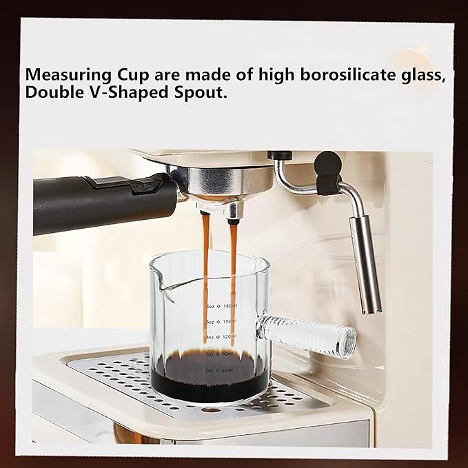 Glass Espresso Cup 6 OZ, Double Shots Measuring Cup with Glass Handle for Dishwasher Safe, Double V-Shaped Spout Milk Frothing Pitcher, Espresso Accessories for Machine, Demitasse Cups