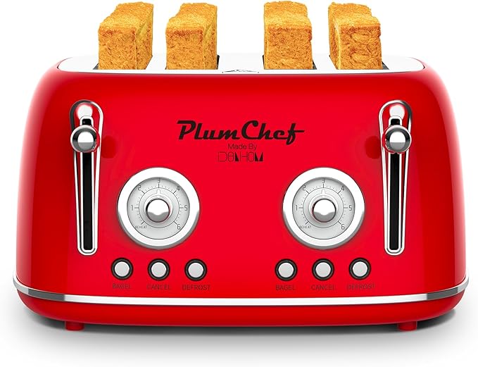4 Slice Retro Style Toaster, Dual Control Toaster, 6 Browning Settings, Bagel/Defrost Functions, Removable Crumb Tray, Stainless Steel Housing 1650W, Red