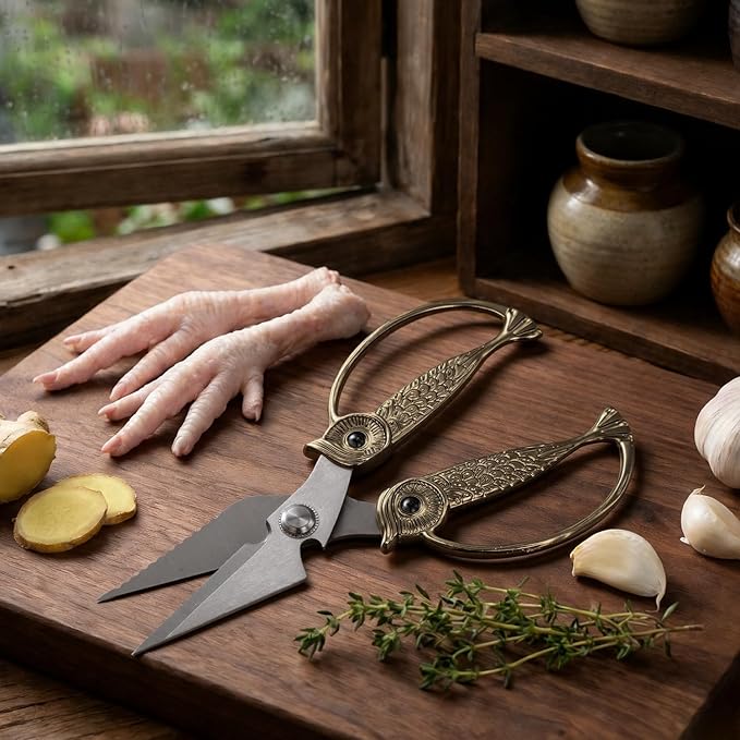 WARMHEART Owl Kitchen Scissors All Purpose, Stainless Steel Heavy Duty Sharp Shears for Meat, Chicken, Fish, Poultry, Herb, Bread (Light Gold, Large)