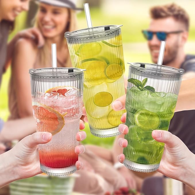 Ribbed Drinking Glasses,with Lids and Straws Glass Cup,19oz Glass cup,6 Pack Old Fashioned Glasses,Thickened for iced coffees,cocktails and juices, perfect for families and parties (6)