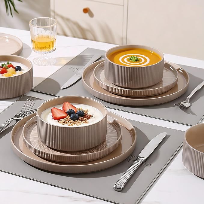 Dinnerware Sets for 4, Ceramic Plates and Bowls Set 12 Piece Dinnerware Chip Resistant Stoneware, Dishwasher and Microwave Safe-Brown