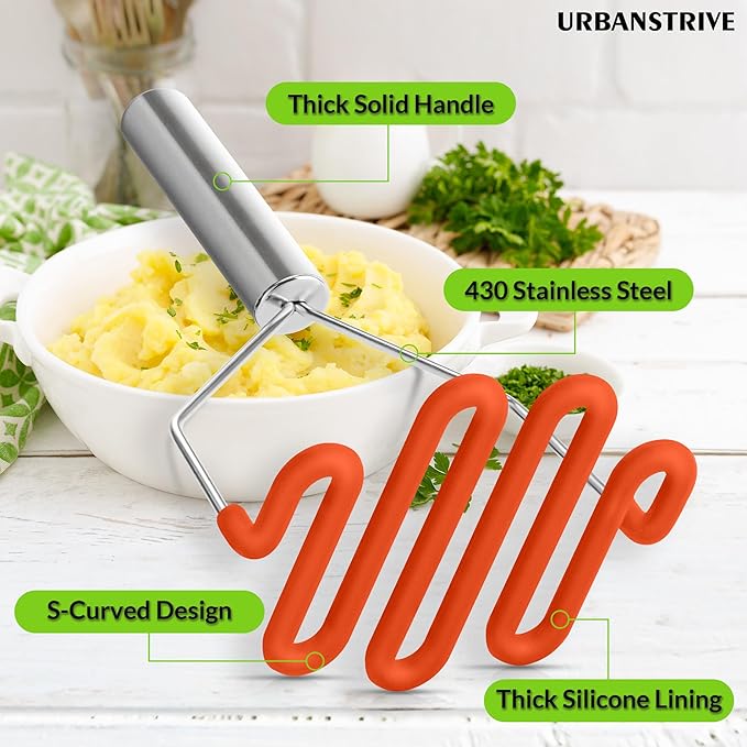Urbanstrive Non-Scratch Silicone Potato Masher Kitchen Tool, Potatoes Masher Potato Masher Stainless Steel Wrapped In Premium Silicone, Potato Smasher, Orange