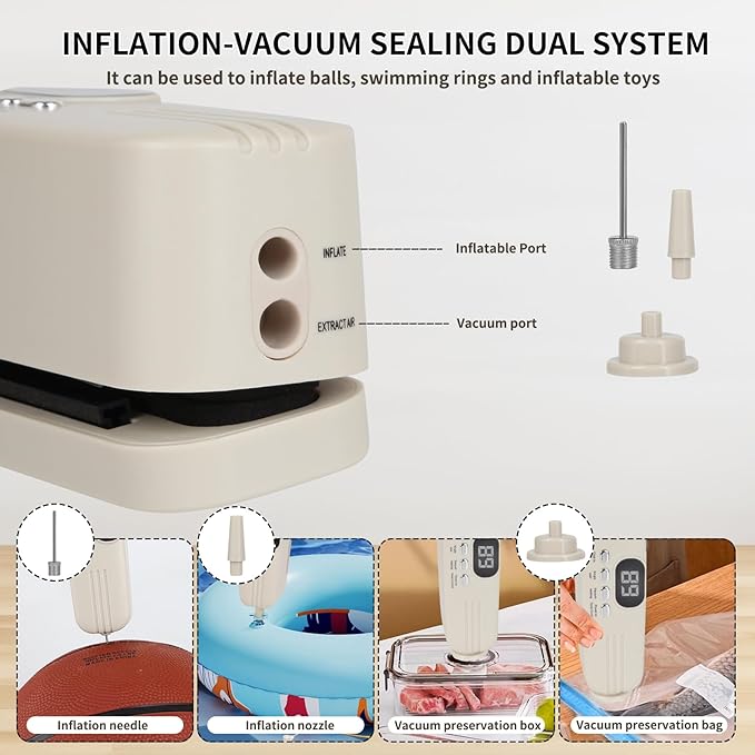 Vacuum Sealer Machine For Food, Mini Cordless Vacuum Sealer, 3-in-1 Portable Vacuum Sealer with 4 Snack Bags, 1 Storage Bag, 1 Inflation Pump, 1 Needle & 1 Nozzle (White)