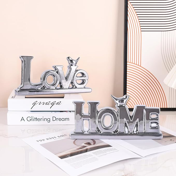 Love Sign Decor,Silver Room Decor Aesthetic, Knick Knack Shelf,Bird Decor, Boho Bookshelf,Abstract Statue,for Living Room,Bedroom, Contemporary Tv Stand Set of 2 (2, Silver)
