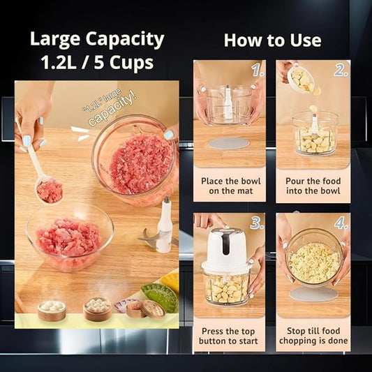 Electric Food Processor, 1.2L Cordless Meat Grinder, USB-C Rechargeable with 4500mAh Battery (Sliver)