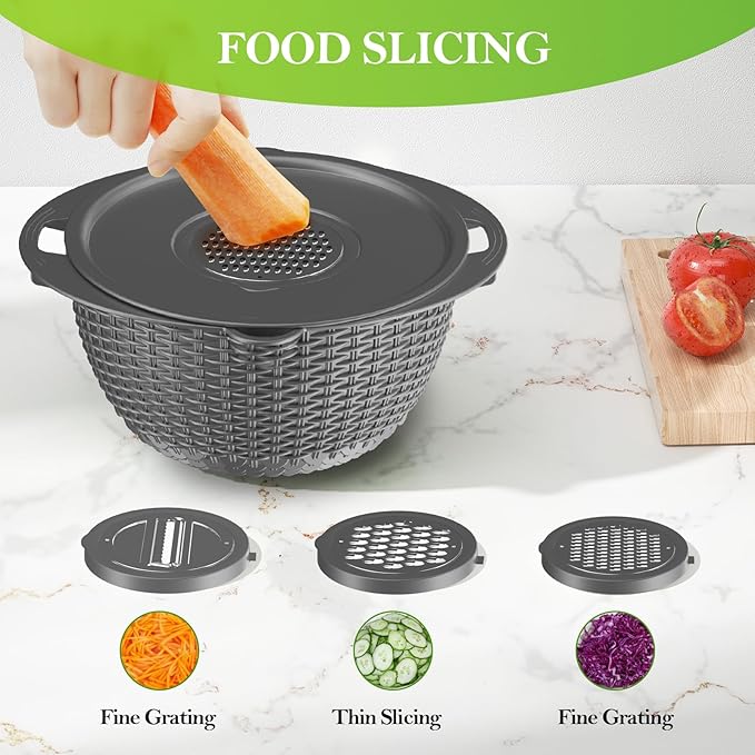4-1 Colander with Mixing Bowl Set - Strainer With Bowl, Pasta And Rice Strainer, Strainer And Colanders, Fruit Cleaner, Veggie Wash, Salad Spinner, Apartment Essentials Kitchen Gadgets - Grey