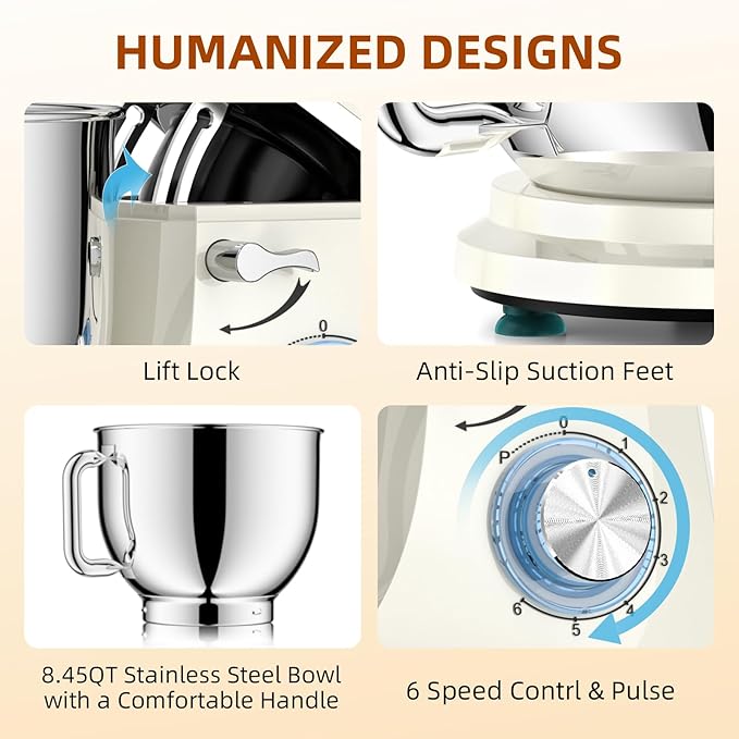Babroun Dough Mixer 8.45 QT Electric Mixer - 660W 6 Speed Large Capacity Kitchen Stand Mixer with Whisk Dough Hook Mixing Beater Household Food Mixer for Baking Cakes Cookie Bread Salad