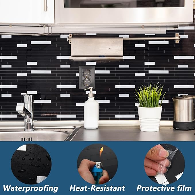 Yipscazo 2 Sheets Peel and Stick Stone Metal Backsplash, PVC Wall Tiles Stick on Tiles for Backsplash Kitchen, Bathroom, Fireplace (6'' X 12'', Black)