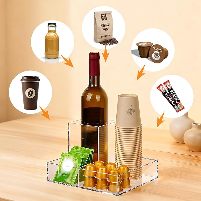Coffee Cup Holder for Countertop, Clear Acrylic Coffee Bar Accessories and Organizer, Coffee Station Organizer for Cup Lid Stirrers Pod