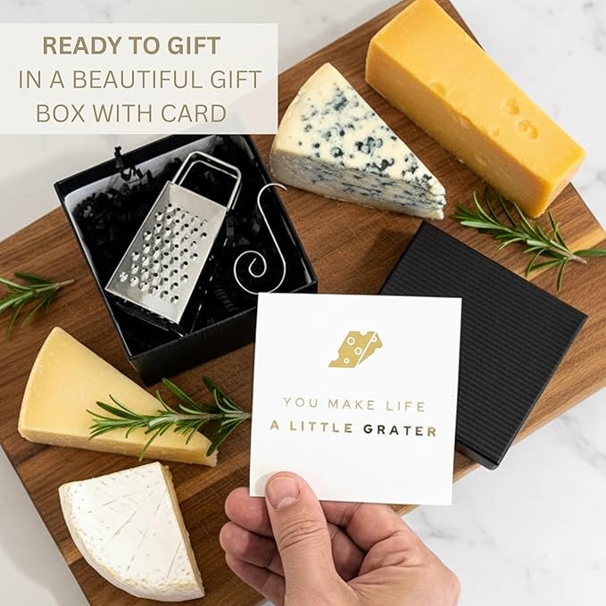 Mini Cheese Grater Gift Set - Funny Chef Gift for Friends, Coworkers, or Foodies | “You Make Life a Little Grater” Card & Gift Box | Stainless Steel Kitchen Tool Ornament | Studio Rockwood
