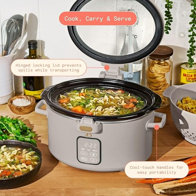Beautiful by Drew 4.0-Quart Programmable Slow Cooker with Hinged Lid, Digital Timer, Keep Warm Function, Removable Stoneware Pot, Stainless-Steel Accents (Porcine Taupe)