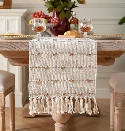 Caflife Boho Table Runner 90 Inchs Long for Modern Farmhouse Room Home Decor, Taupe and Beige Coffee Table Runner, Natural Cotton Woven with Tassels Neutral, for Kitchen Dining Table Decor