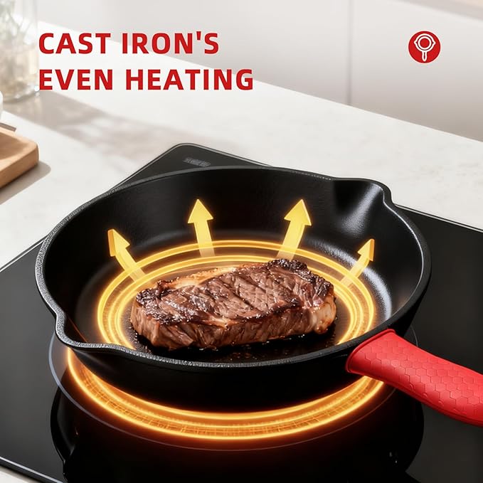 Cast Iron Skillet 3 piece set, cookware set 6, 8, 10 Inches, for frying, saute, &more, easy use in the oven, stove, grill, or campfire, black, with silicone heat-resistant cover