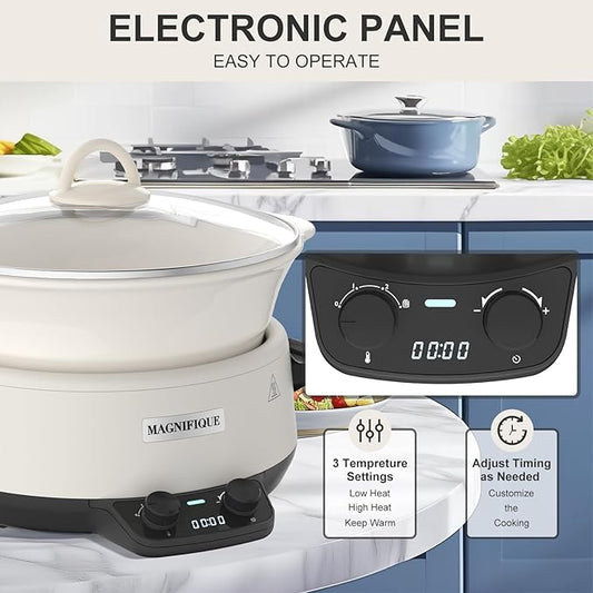 MAGNIFIQUE Small 5 Quart Round Casserole Programmable Slow Cooker with Glazed Ceramic Liner, Food Warmer Perfect Kitchen Small Appliance for Family Dinners, White