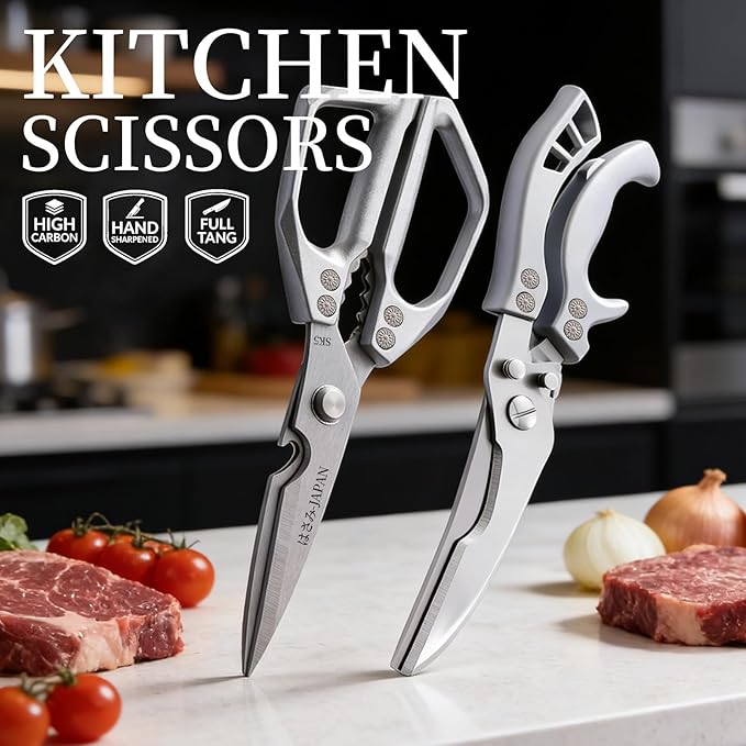 Kitchen Scissors Silver - Stainless Steel Shear, Sharp Meat Cutting Scissors Dishwasher Safe, Heavy Duty Poultry Shears, Japanese Cooking Scissor for Food, Christmas Gifts for Men Women