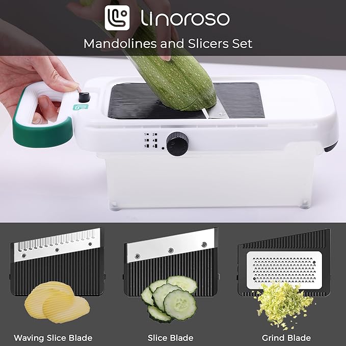 linoroso Adjustable Mandoline Food Slicer 5 in 1, Mandoline Slicer for Kitchen with Container, Vegetable Chopper Shredder Wave Cutter for Potato, Carrot, Zucchini, Grindder for Cheese Lemon