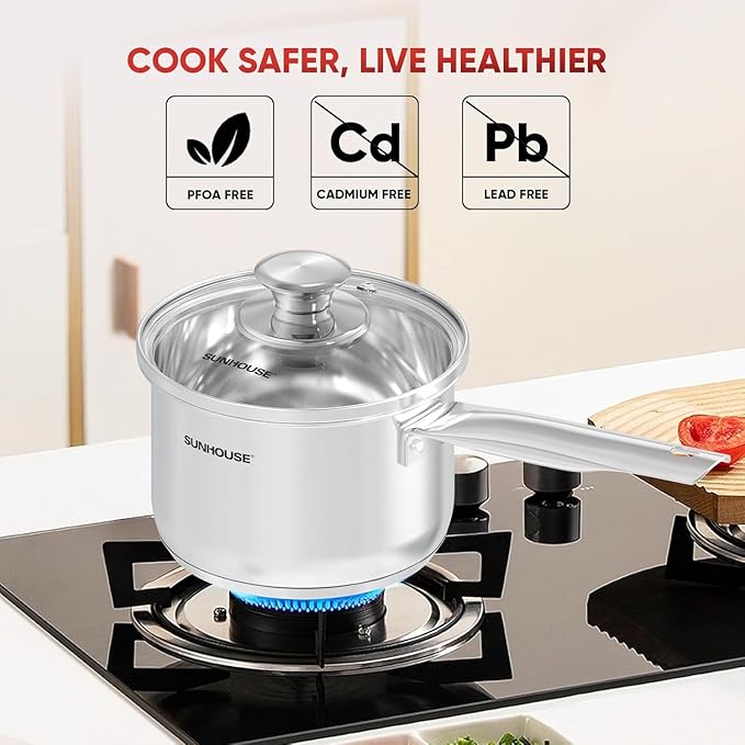 Sunhouse – 1.5 quart Stainless Steel Sauce Pan with Lid - PFOA-FREE, Stainless Steel Sauce Pan, Induction base, Stay-Cool Handle, Compatible with All Cooktops Gas, Geramic, Electric etc.